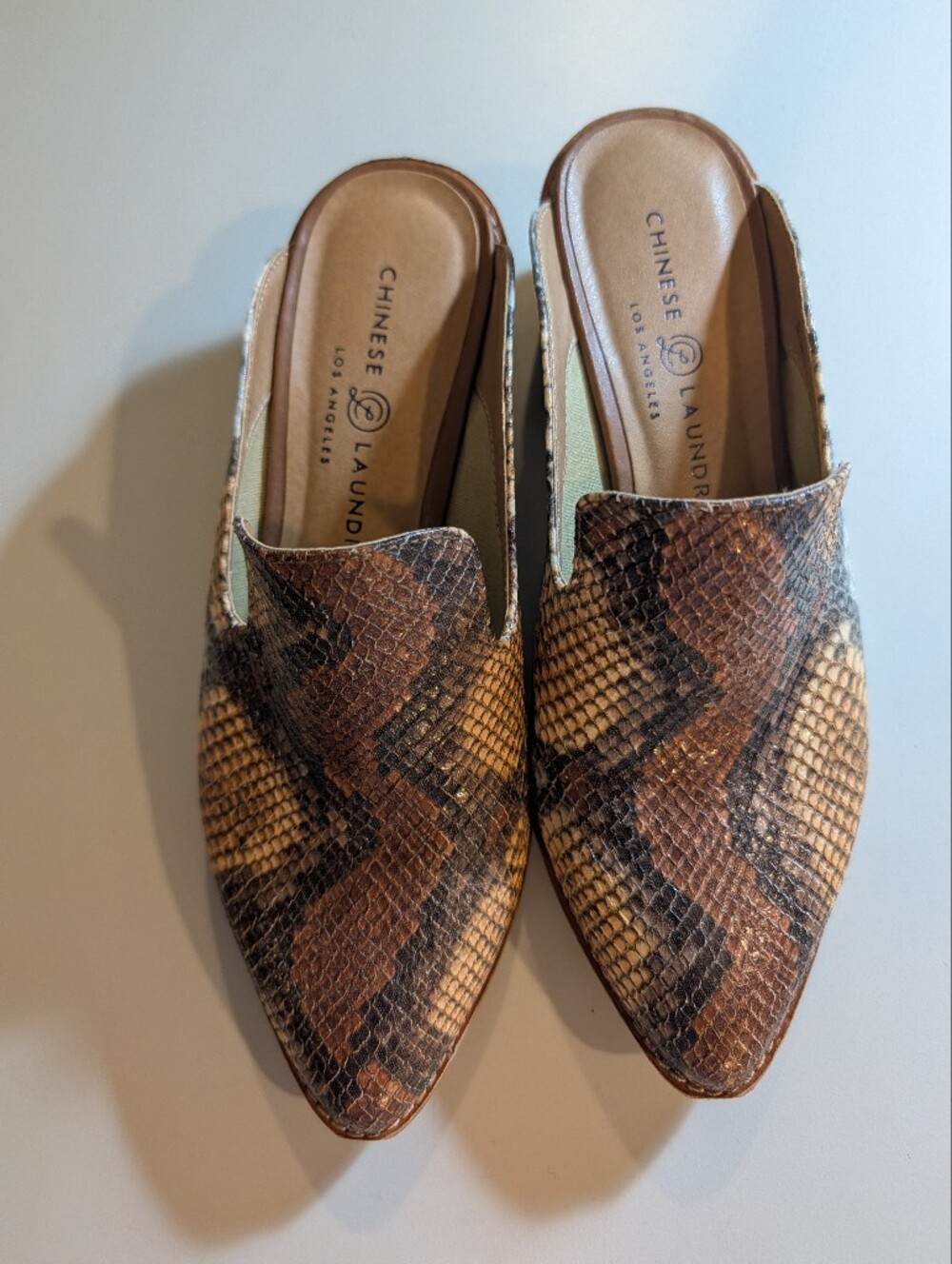 Chinese Laundry Marnie Woman's Size 7 Brown Snake-Print Slip-On Mules